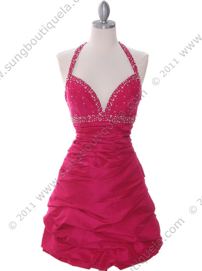 4512 Fuschia Tafetta Beaded Homecoming Dress - Fuschia, Front View Medium