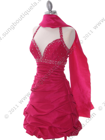 4512 Fuschia Tafetta Beaded Homecoming Dress - Fuschia, Alt View Medium