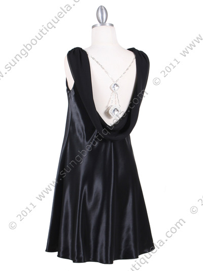 4539 Black Charmuse Draped Back Party Dress - Black, Back View Medium