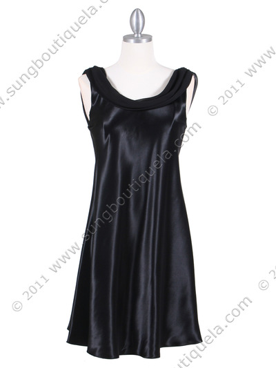 4539 Black Charmuse Draped Back Party Dress - Black, Front View Medium