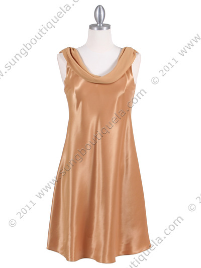 4539 Gold Charmuse Draped Back Party Dress - Gold, Front View Medium