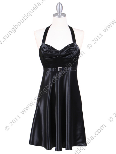 4584 Black Satin Party Dress - Black, Front View Medium