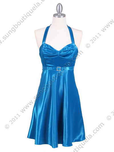 4584 Deep Turquoise Satin Party Dress - Deep Turquoise, Front View Medium