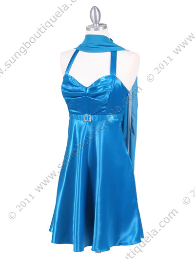 4584 Deep Turquoise Satin Party Dress - Deep Turquoise, Alt View Medium