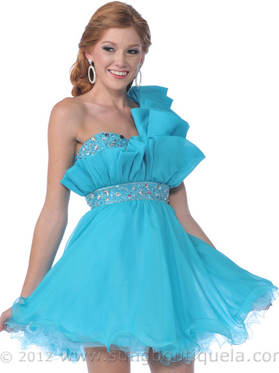 458 One Shoulder Vertical Pleated Short Prom Dress - Aqua, Front View Medium