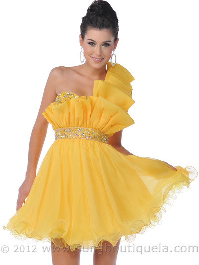 458 One Shoulder Vertical Pleated Short Prom Dress - Yellow, Front View Medium