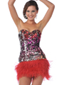 461 Short Sequin Prom Dress with Feather Hem - Red, Front View Thumbnail