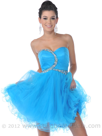 462 Strapless Beaded Short Prom Dresses with Tulle - Turquoise, Front View Medium