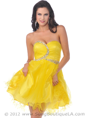 462 Strapless Beaded Short Prom Dresses with Tulle, Yellow