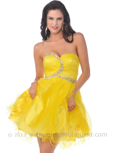 462 Strapless Beaded Short Prom Dresses with Tulle - Yellow, Front View Medium