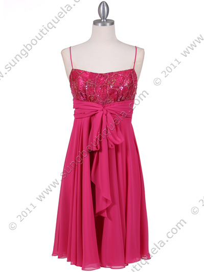 4727 Hot Pink Sequins Top Cocktail Dress - Hot Pink, Front View Medium