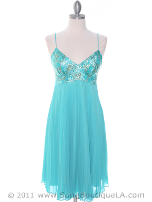 4731 Turquoise Sequin Top Pleated Cocktail Dress, Turquoise