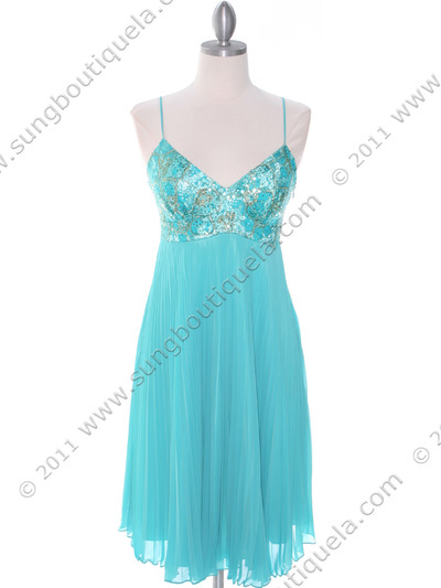 4731 Turquoise Sequin Top Pleated Cocktail Dress - Turquoise, Front View Medium