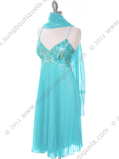 4731 Turquoise Sequin Top Pleated Cocktail Dress - Turquoise, Alt View Medium
