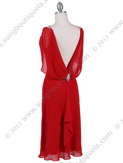 4732 Red Draped Back Cocktail Dress - Red, Back View Medium
