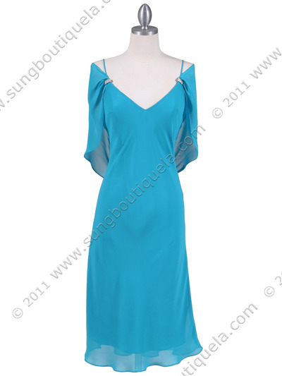 4732 Turquoise Draped Back Cocktail Dress - Turquoise, Front View Medium