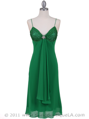 4793 Green Chiffon Cocktail Dress with Rhinestone Brooch, Green