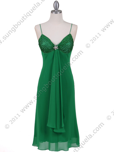 4793 Green Chiffon Cocktail Dress with Rhinestone Brooch - Green, Front View Medium