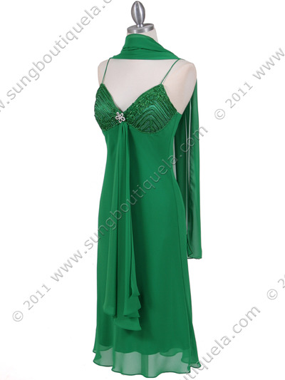 4793 Green Chiffon Cocktail Dress with Rhinestone Brooch - Green, Alt View Medium