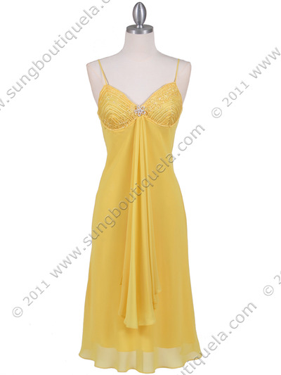 4793 Yellow Chiffon Cocktail Dress with Rhinestone Brooch - Yellow, Front View Medium