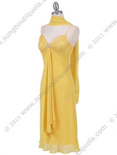 4793 Yellow Chiffon Cocktail Dress with Rhinestone Brooch - Yellow, Alt View Medium
