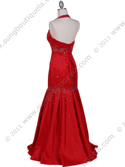 4828 Red Beaded Evening Gown - Red, Back View Medium