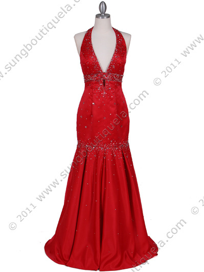 4828 Red Beaded Evening Gown - Red, Front View Medium