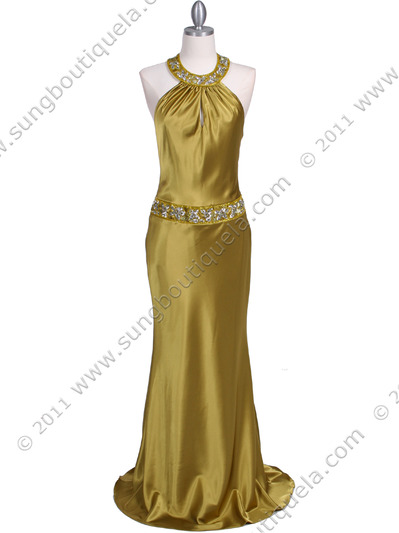 4838 Mustard Beaded Evening Dress - Mustard, Front View Medium