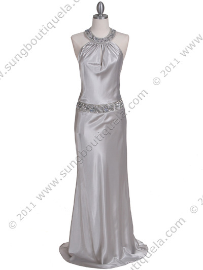 4838 Silver Beaded Evening Dress - Silver, Front View Medium