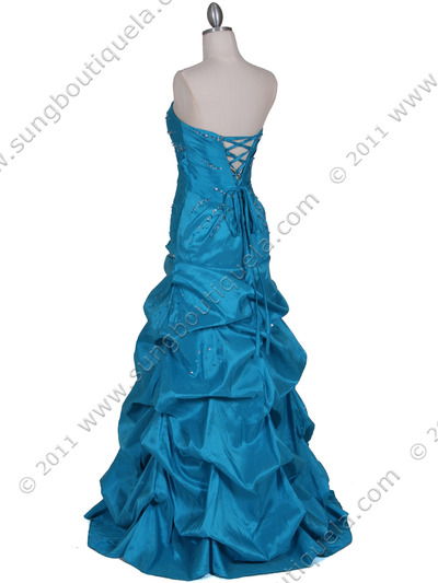 4847 Turquoise Taffeta Beaded Evening Gown - Turquoise, Back View Medium