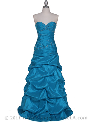 4847 Turquoise Taffeta Beaded Evening Gown, Turquoise