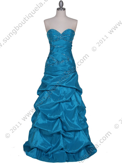 4847 Turquoise Taffeta Beaded Evening Gown - Turquoise, Front View Medium