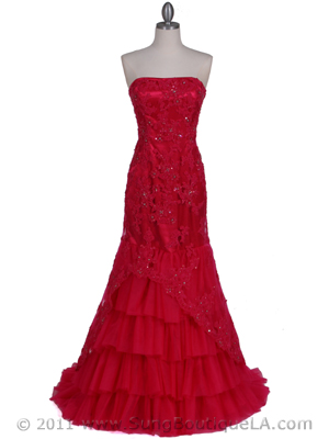 4864 Hot Pink Lace Glitter Evening Gown, Hot Pink