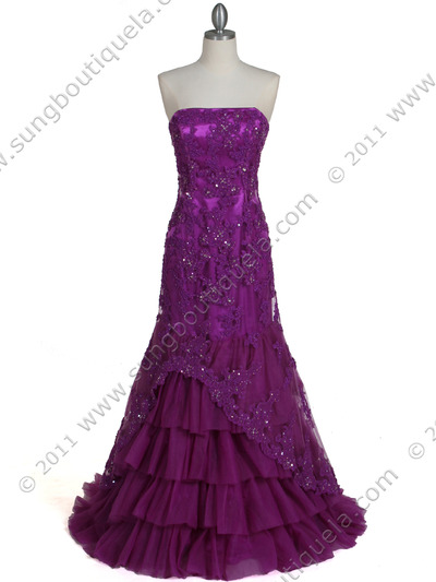4864 Purple Lace Glitter Evening Gown - Purple, Front View Medium