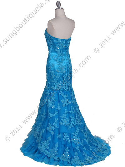 4864 Turquoise Lace Glitter Evening Gown - Turquoise, Back View Medium