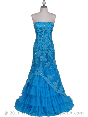 4864 Turquoise Lace Glitter Evening Gown, Turquoise