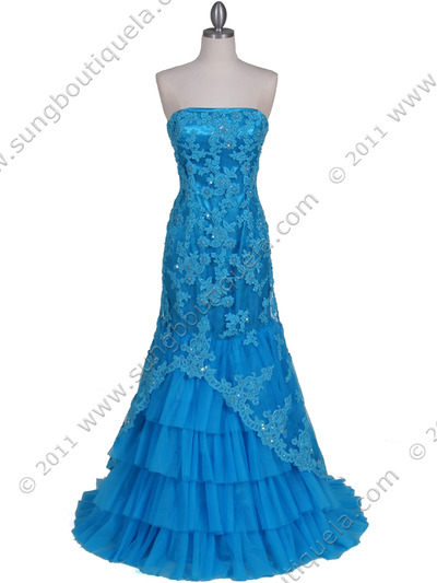 4864 Turquoise Lace Glitter Evening Gown - Turquoise, Front View Medium