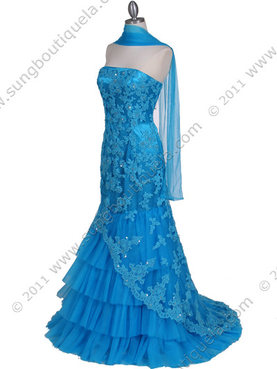 4864 Turquoise Lace Glitter Evening Gown - Turquoise, Alt View Medium
