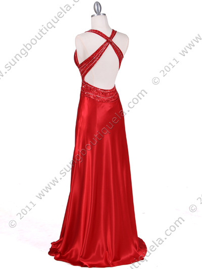 4897 Red Beaded Evening Gown - Red, Back View Medium