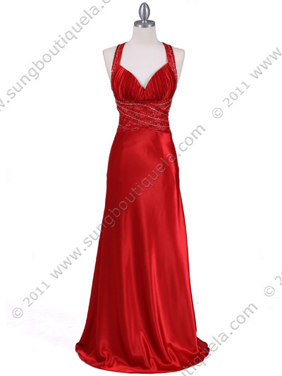 9010 Red Beaded Evening Gown - Red, Front View Medium