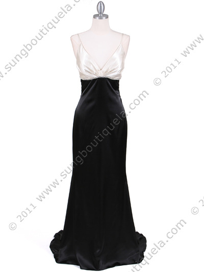 4898 Ivory Black Charmeuse Evening Dress - Ivory Black, Front View Medium