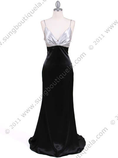 4898 Silver Black Charmeuse Evening Dress - Silver Black, Front View Medium