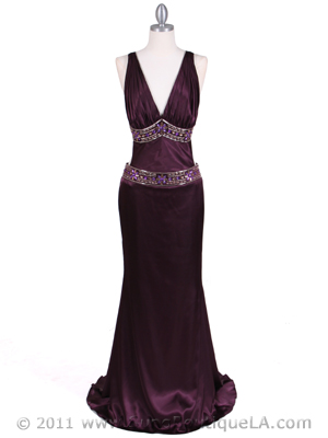 4906 Plum Charmuse Beaded Evening Gown, Plum