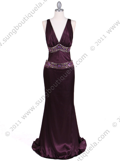 4906 Plum Charmuse Beaded Evening Gown - Plum, Front View Medium