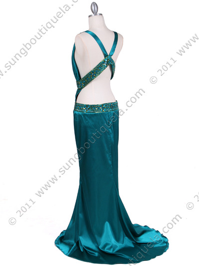 4906 Teal Charmuse Beaded Evening Gown - Teal, Back View Medium