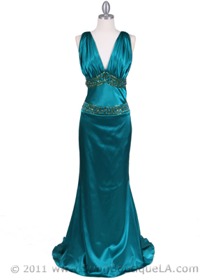 4906 Teal Charmuse Beaded Evening Gown, Teal