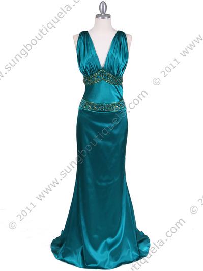 4906 Teal Charmuse Beaded Evening Gown - Teal, Front View Medium
