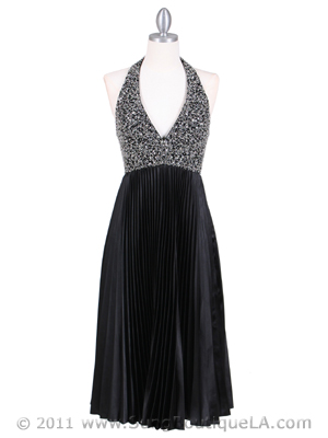 4908 Black Sequins Pleated Cocktail Dress, Black