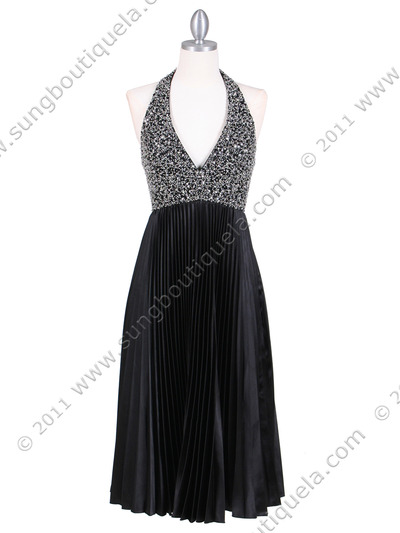 4908 Black Sequins Pleated Cocktail Dress - Black, Front View Medium