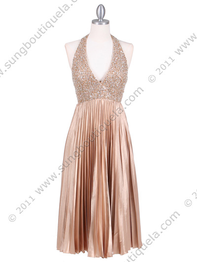 4908 Gold Sequins Pleated Cocktail Dress - Gold, Front View Medium